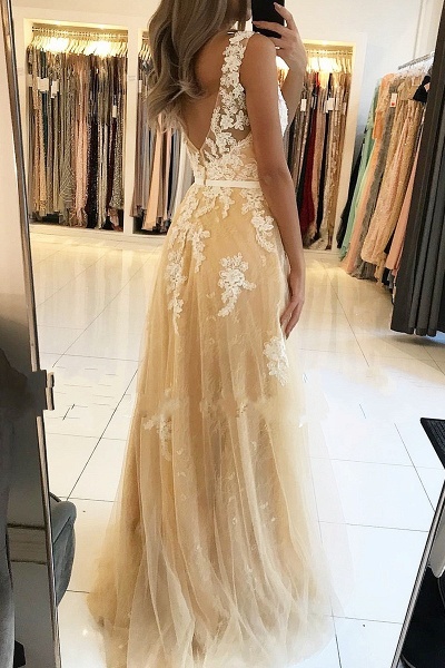 A-Line V Neck Open Back Lace Floor-length  Ruffles Prom Dress