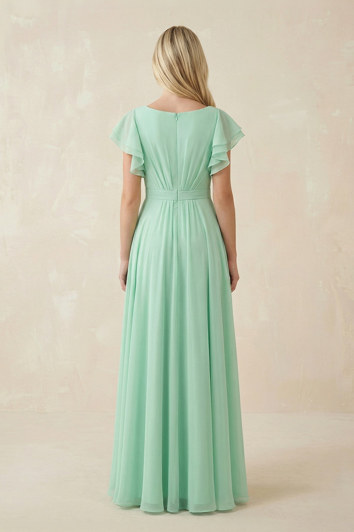 Cap Sleeve Ruffled A-Line Chiffon Bridesmaid Dresses in Pale Pistachio, product image 2