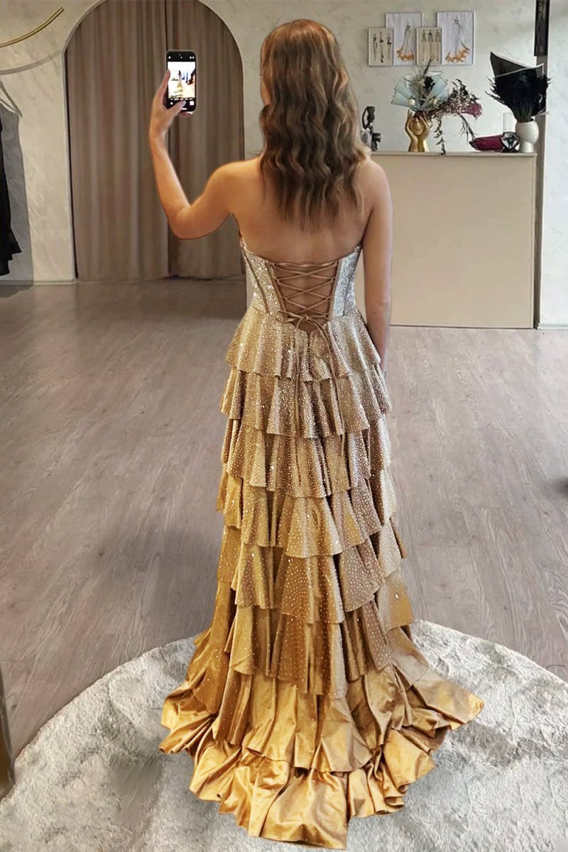 Gold Strapless A Line Satin Ruffled Long Formal Prom Dresses With Beading, product image 2