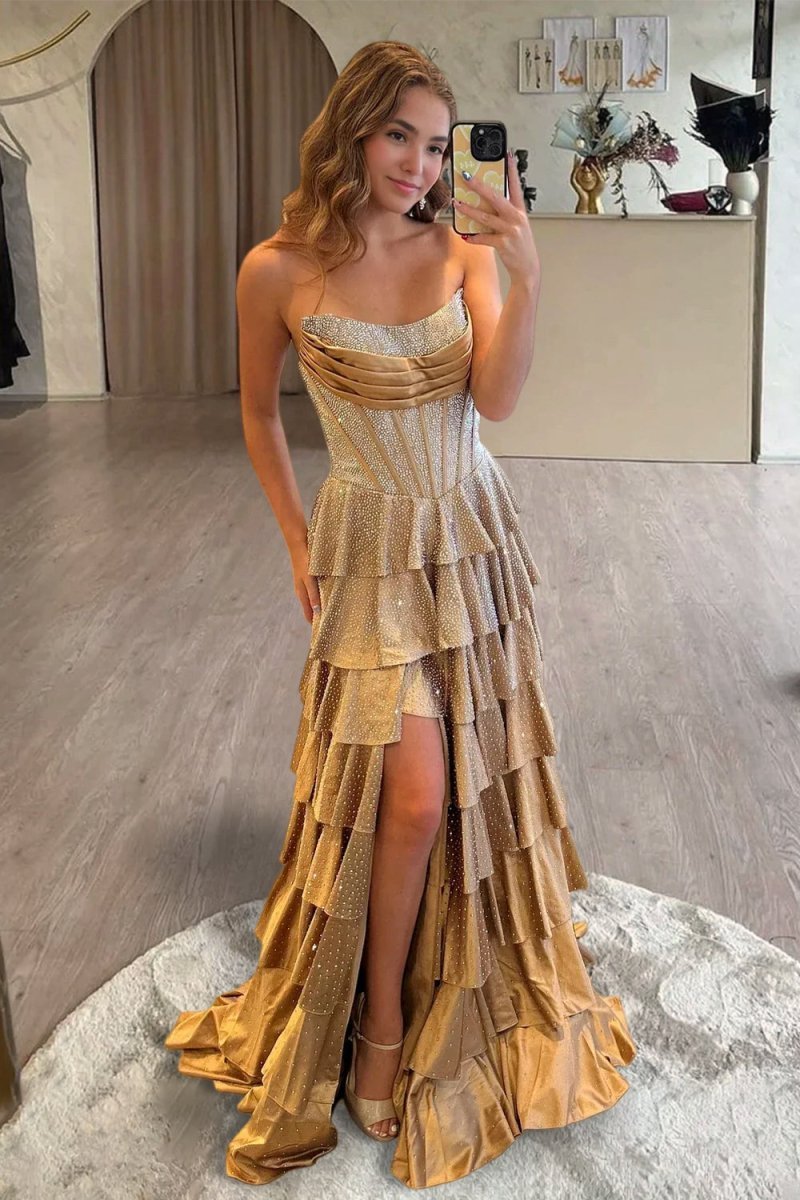 Gold Strapless A Line Satin Ruffled Long Formal Prom Dresses With Beading, product image 1