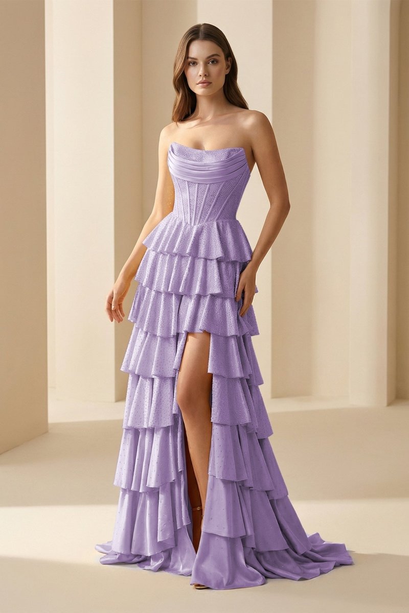 Gold Strapless A Line Satin Ruffled Long Formal Prom Dresses With Beading, product image 21