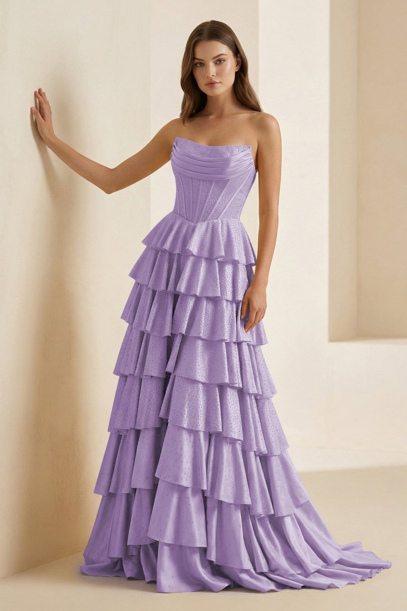 Gold Strapless A Line Satin Ruffled Long Formal Prom Dresses With Beading, product image 23
