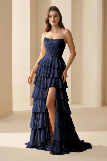Gold Strapless A Line Satin Ruffled Long Formal Prom Dresses With Beading, product image 15