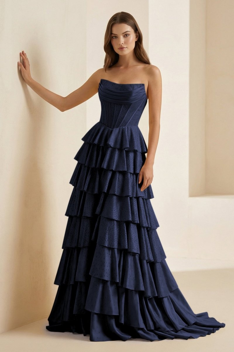 Gold Strapless A Line Satin Ruffled Long Formal Prom Dresses With Beading, product image 17