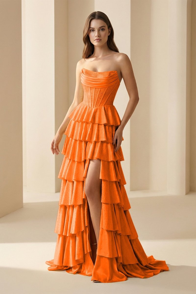 Gold Strapless A Line Satin Ruffled Long Formal Prom Dresses With Beading, product image 18