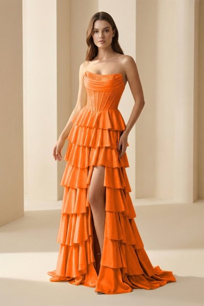 Gold Strapless A Line Satin Ruffled Long Formal Prom Dresses With Beading, product image 18