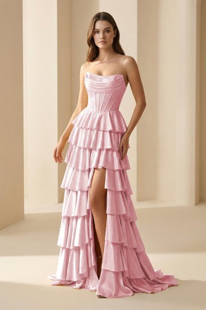 Gold Strapless A Line Satin Ruffled Long Formal Prom Dresses With Beading, product image 27