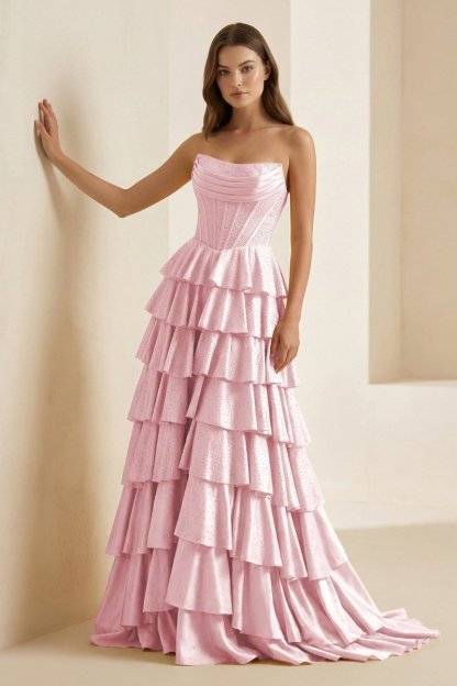 Gold Strapless A Line Satin Ruffled Long Formal Prom Dresses With Beading, product image 29