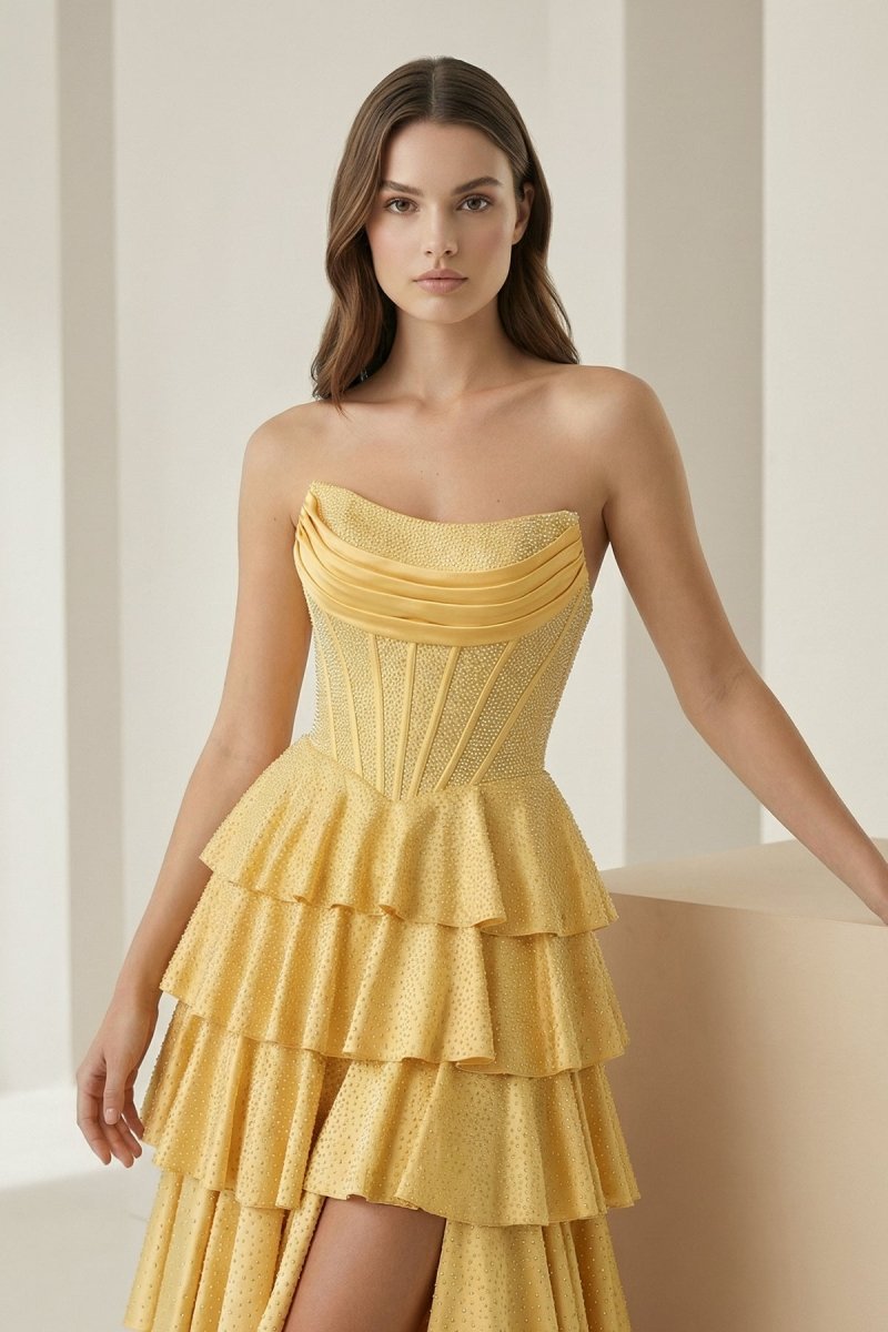 Gold Strapless A Line Satin Ruffled Long Formal Prom Dresses With Beading, product image 7