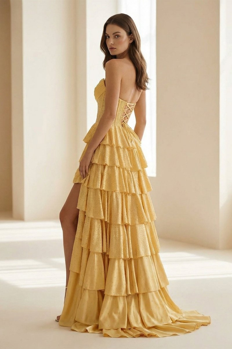 Gold Strapless A Line Satin Ruffled Long Formal Prom Dresses With Beading, product image 5