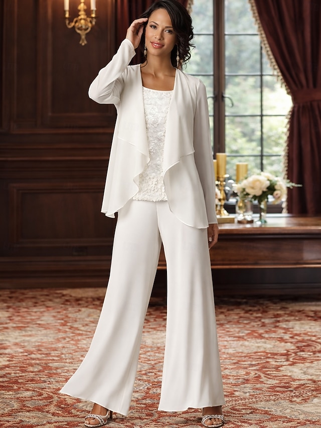 3 piece jumpsuit pantsuit jumpsuit pantsuit floor length mother of the bride dresses sleeveless bateau neck elegant plus size chiffon lace, supplier image 2