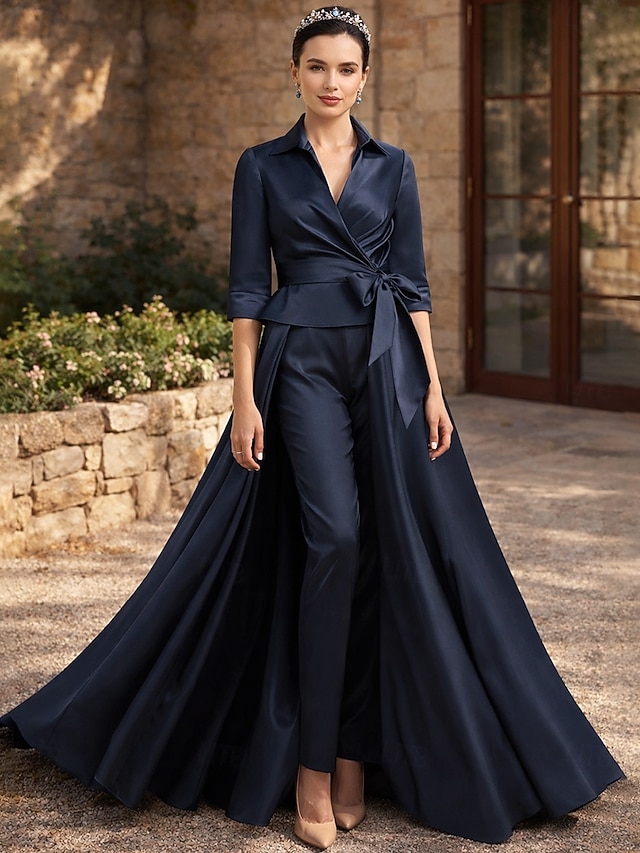 two piece jumpsuit pantsuit mother of the bride dresses ankle length satin with bow(s) half sleeve, supplier image 1
