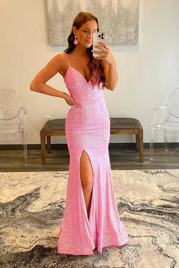 Mermaid/Trumpet V-Neck Sequined Sleeveless Long Prom Dress Evening Dress