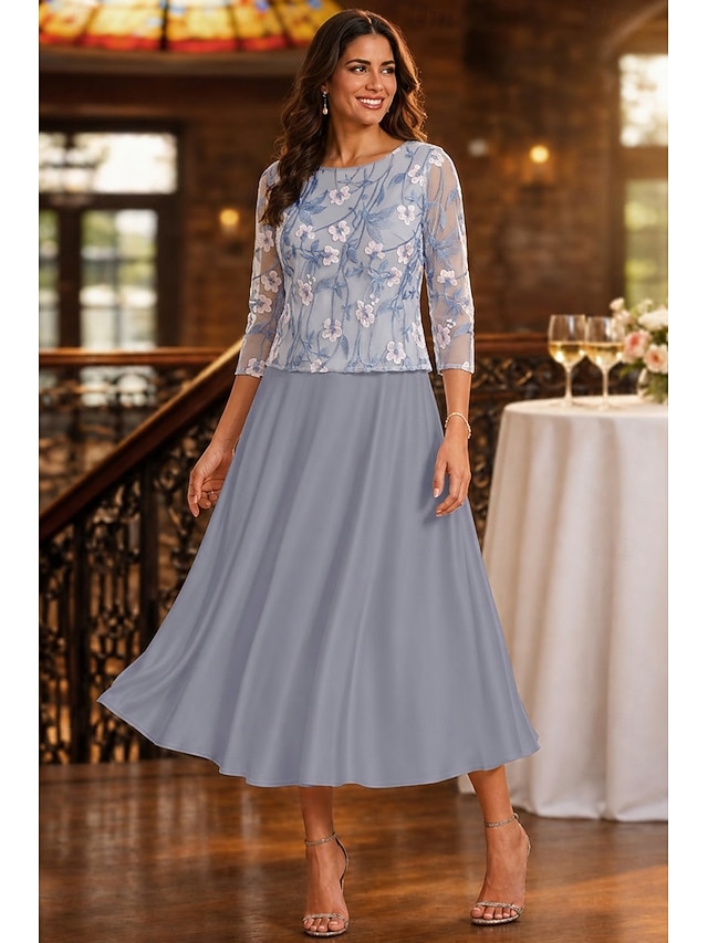 a-line mother of the bride dresses ankle length chiffon satin lace with embroidery 3/4 length sleeve, supplier image 3