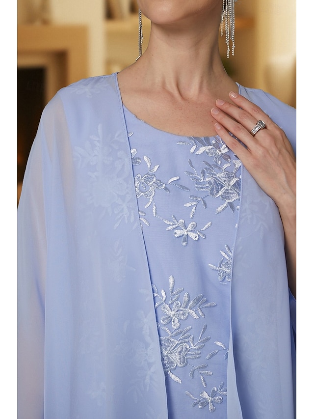 two piece sheath column tea length mother of the bride dresses wedding guest dresses sleeveless jewel neck elegant chiffon lace with appliques, supplier image 13
