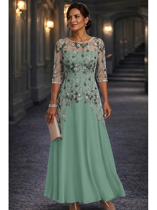 a-line mother of the bride dresses floor length chiffon lace with embroidery half sleeve crew neck, supplier image 1