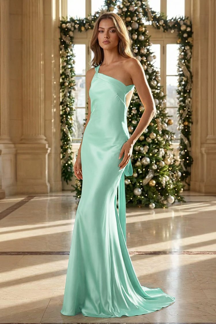 Yellow - One Shoulder Sheath Satin Backless Long Prom Dresses Evening Dresses, product image 7