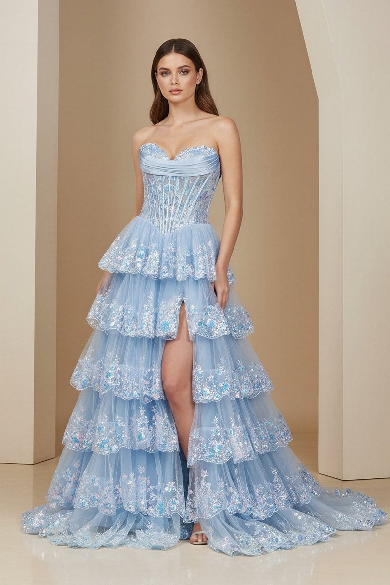 Sky Blue Sweetheart A Line Sequined Lace Long Formal Prom Dresses With Ruffles, product image 1