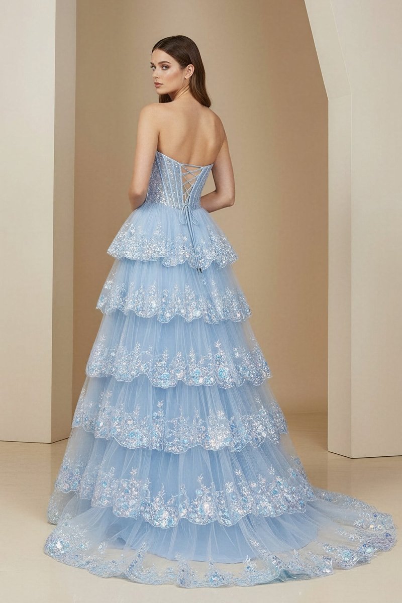 Sky Blue Sweetheart A Line Sequined Lace Long Formal Prom Dresses With Ruffles, product image 2