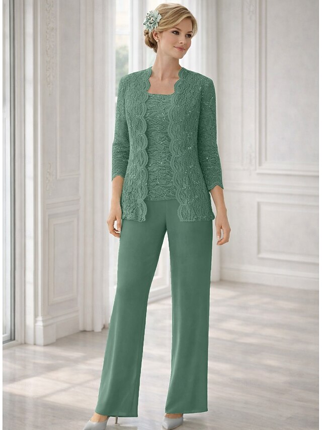 pantsuit mother of the bride dresses floor length with solid color 3/4 length sleeve square neck, supplier image 6