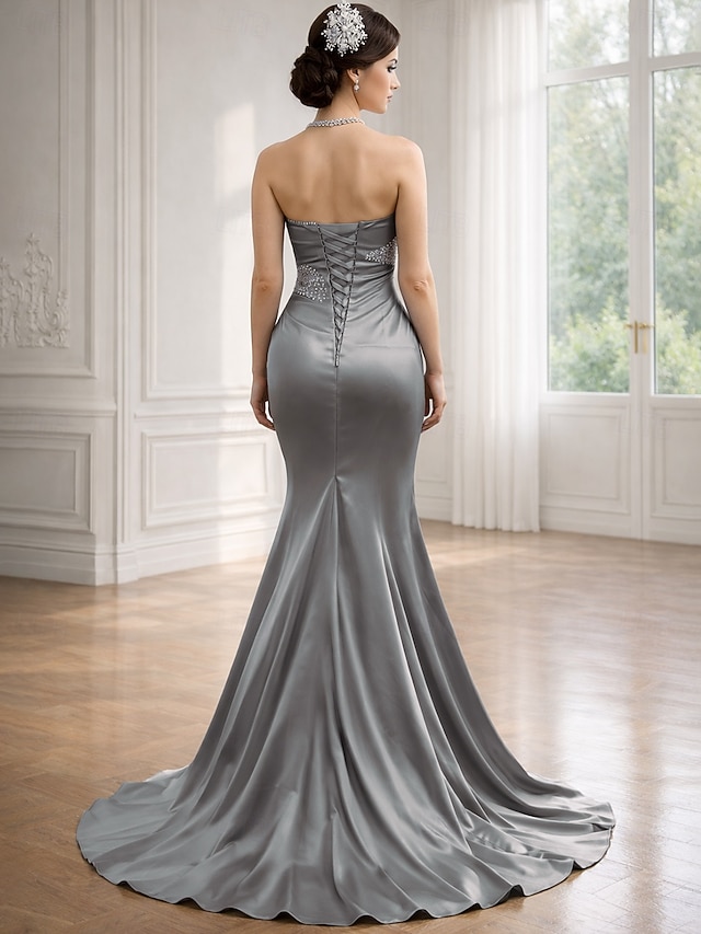 mermaid sweep train wedding guest dress prom dress evening gown strapless sleeveless satin elegant, supplier image 2