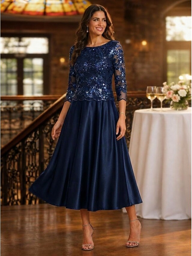 a-line mother of the bride dresses ankle length satin tulle with pleats 3/4 length sleeve crew neck, supplier image 7