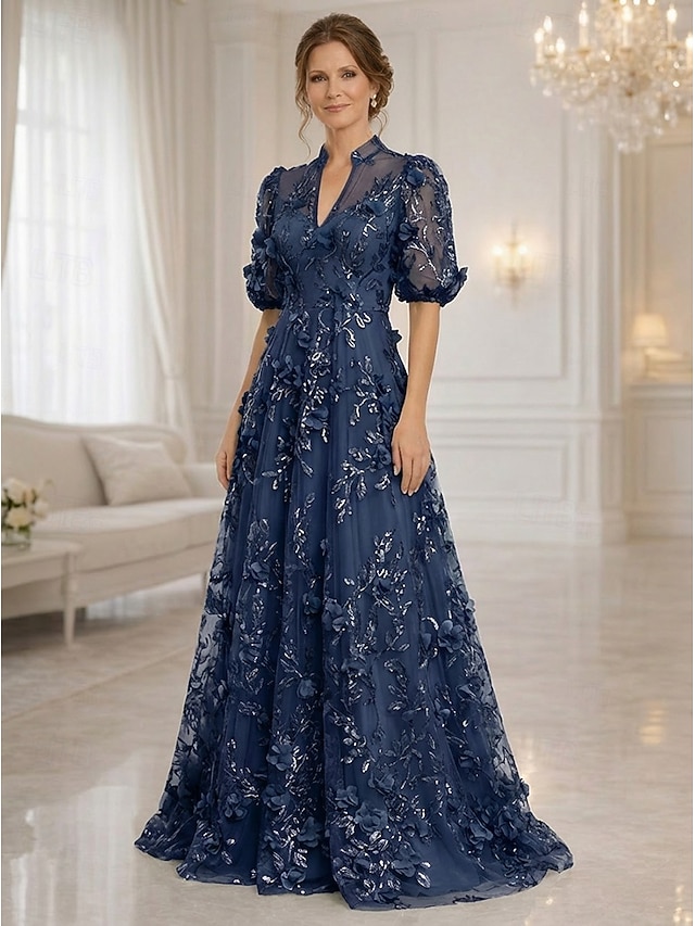 a-line floor length mother of the bride dresses cocktail dresses party dresses half sleeve v neck elegant vintage luxurious lace with 3d flowers, supplier image 1