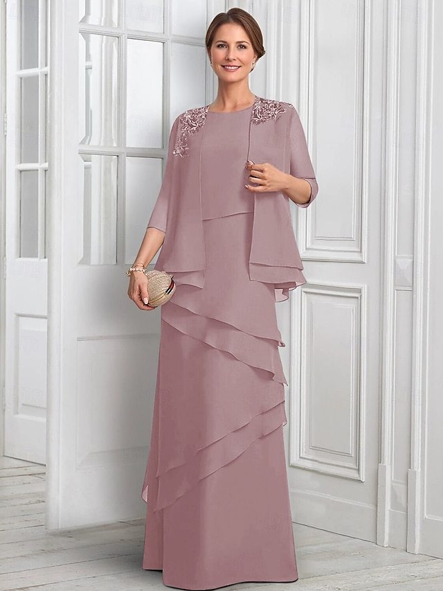 two piece a-line mother of the bride dresses wedding guest dresses floor length chiffon half sleeve in Dusty Rose, US4