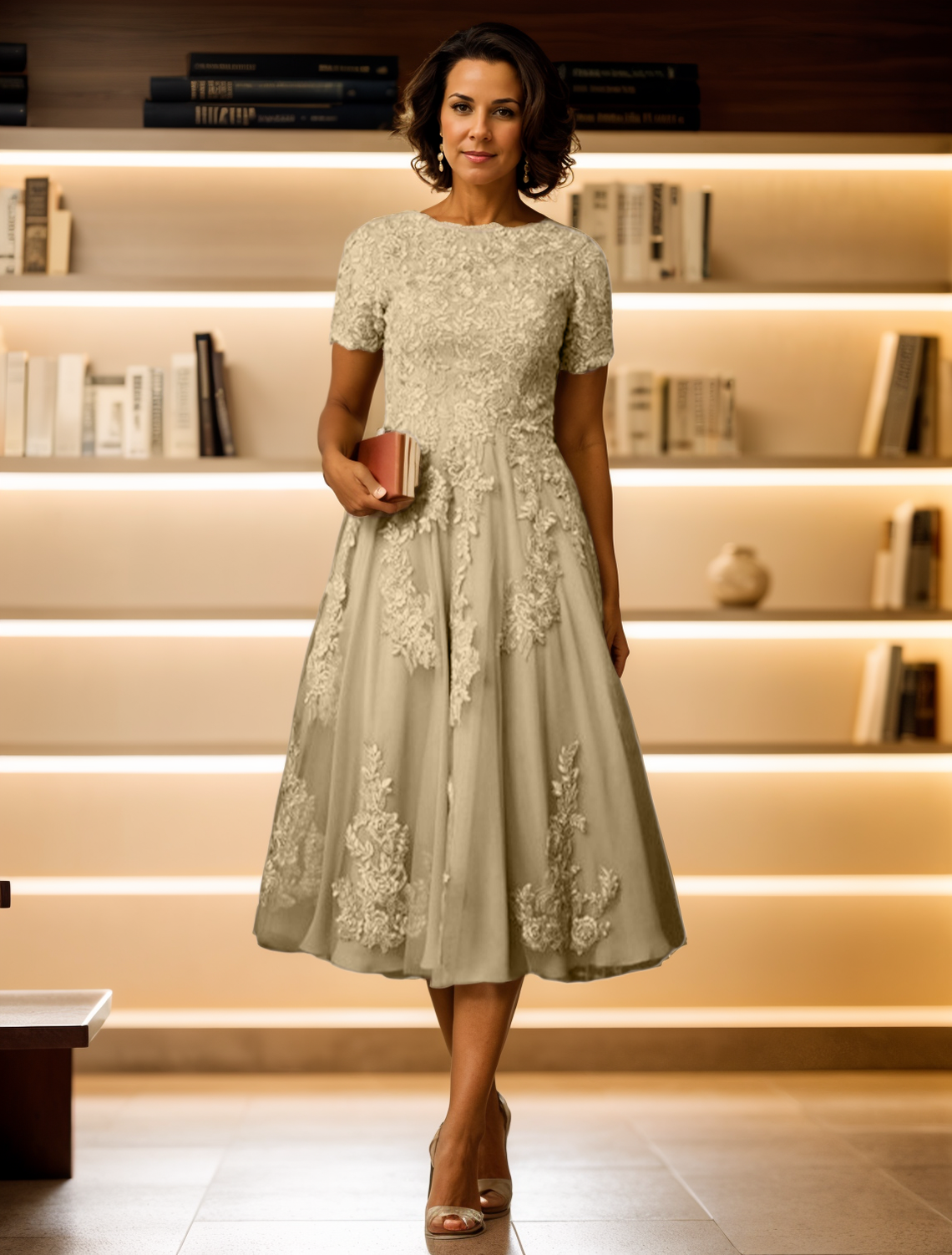 A-Line/Princess Elegant Tea Length Mother of the Bride Dresses with Appliques