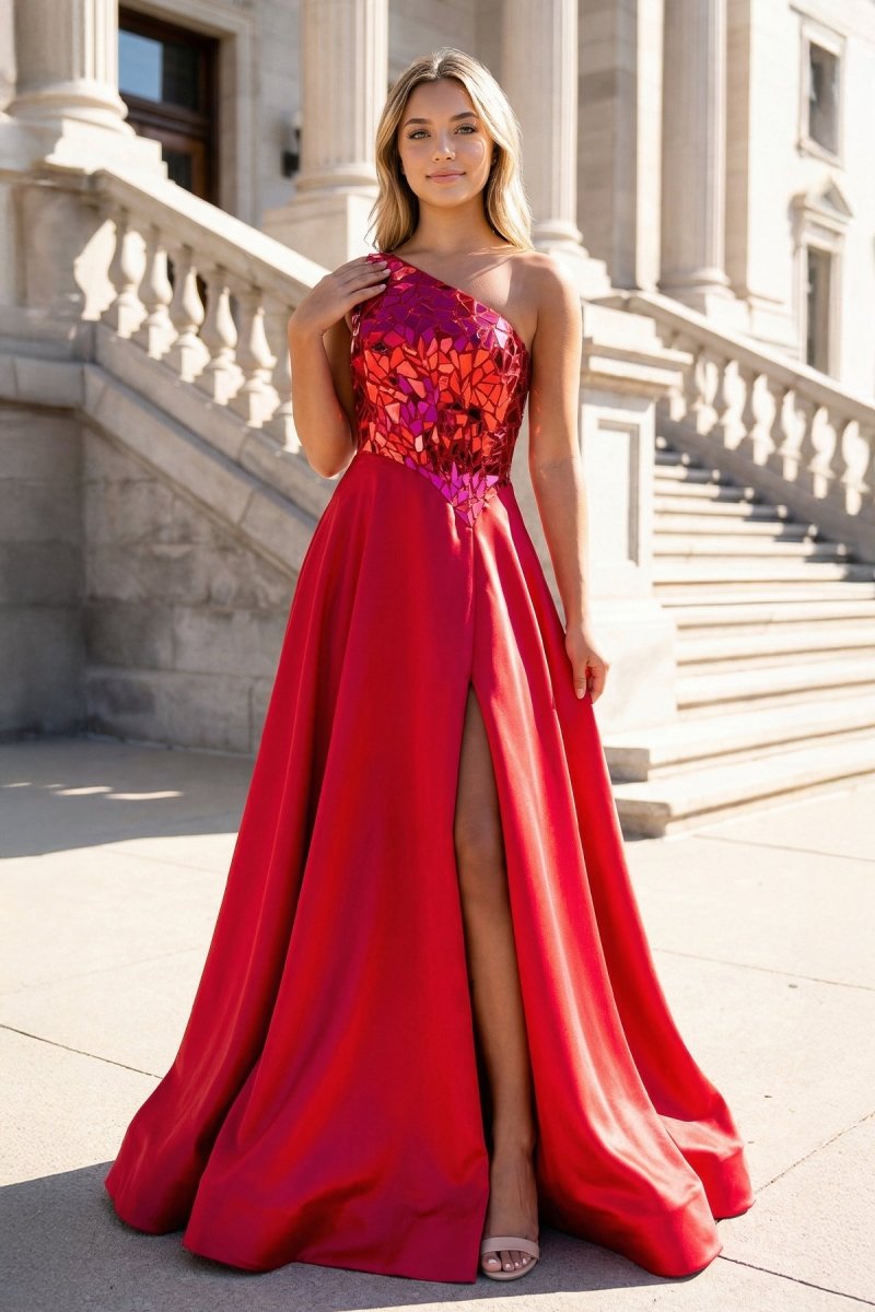 A Line One Shoulder Sequins Long Prom Dresses with Slit Evening Dresses in Red, US2