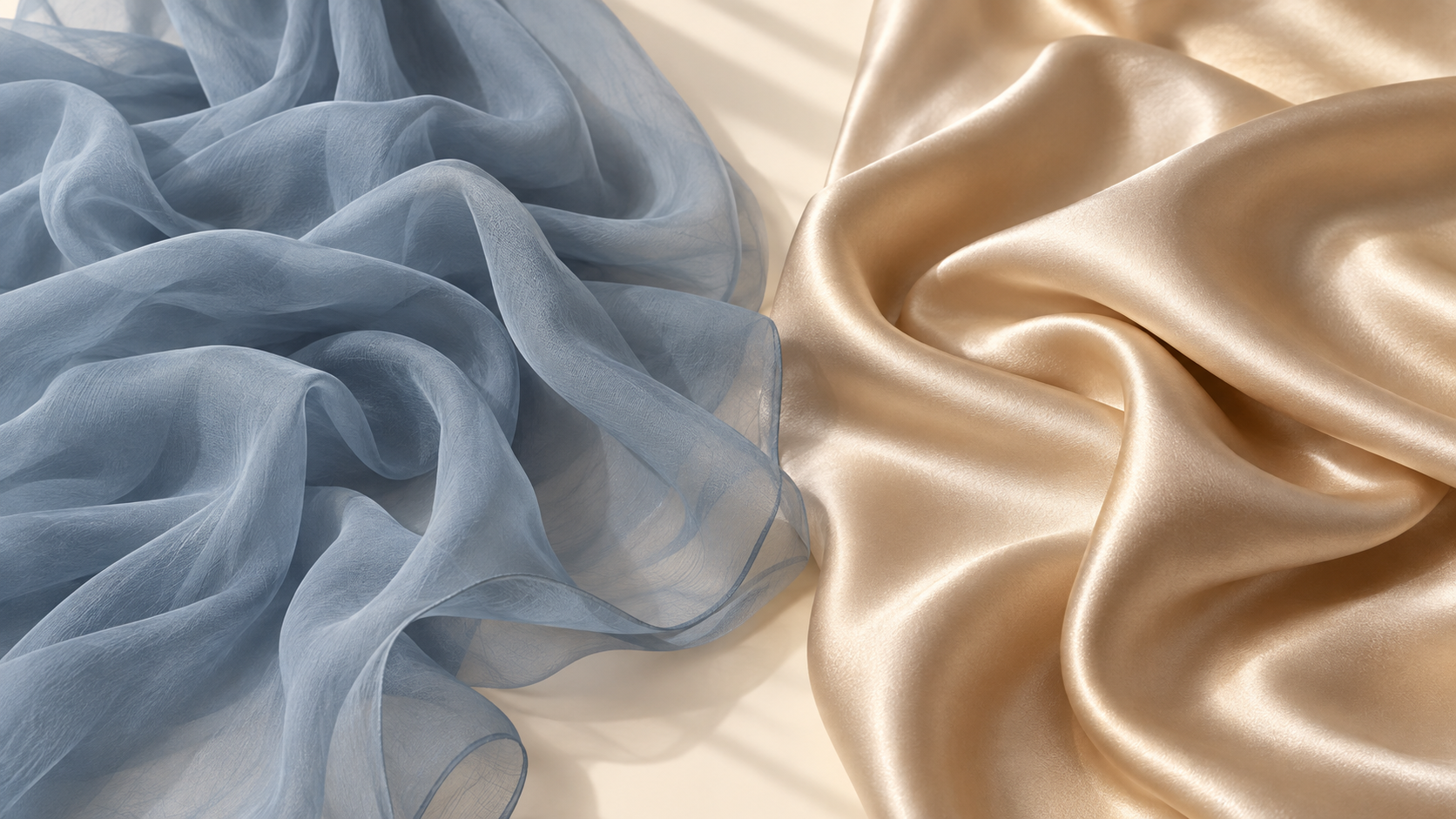 Soft blue chiffon beside champagne satin in natural light