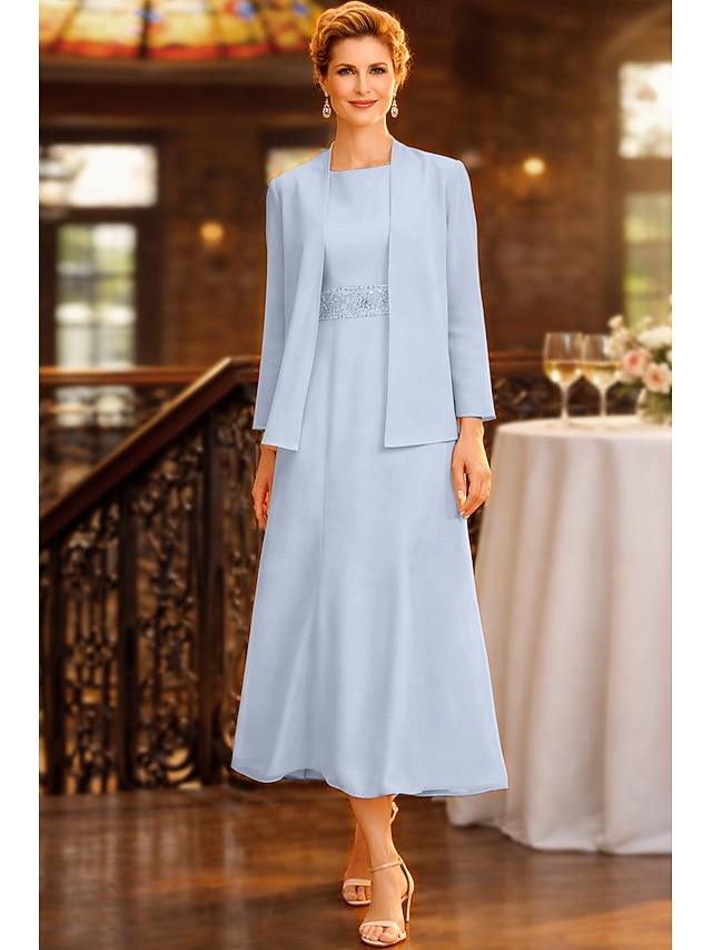 two piece sheath column tea length mother of the bride dresses wedding guest dresses sleeveless jewel neck elegant plus size chiffon, supplier image 21