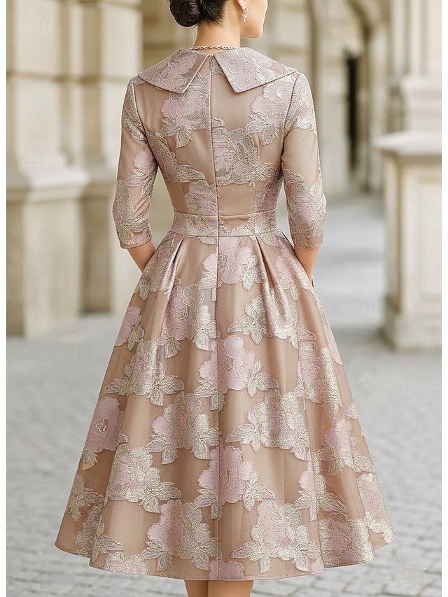 a-line mother of the bride dresses tea length satin jacquard with pleats long sleeve elegant vintage, supplier image 3