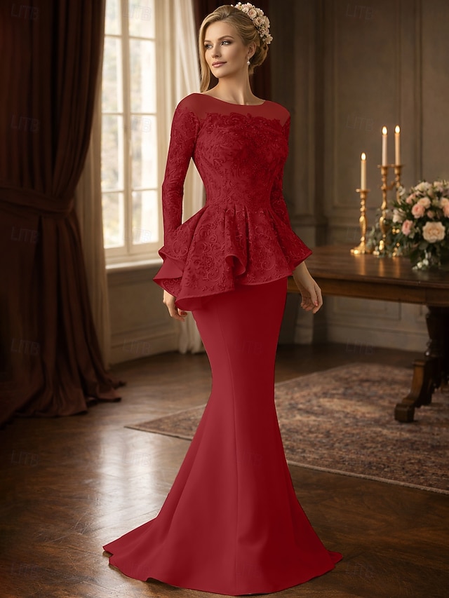 mermaid floor-length mother of the bride dress wedding guest dress evening gown scoop neck long sleeves lace stretch fabric elegant, supplier image 10
