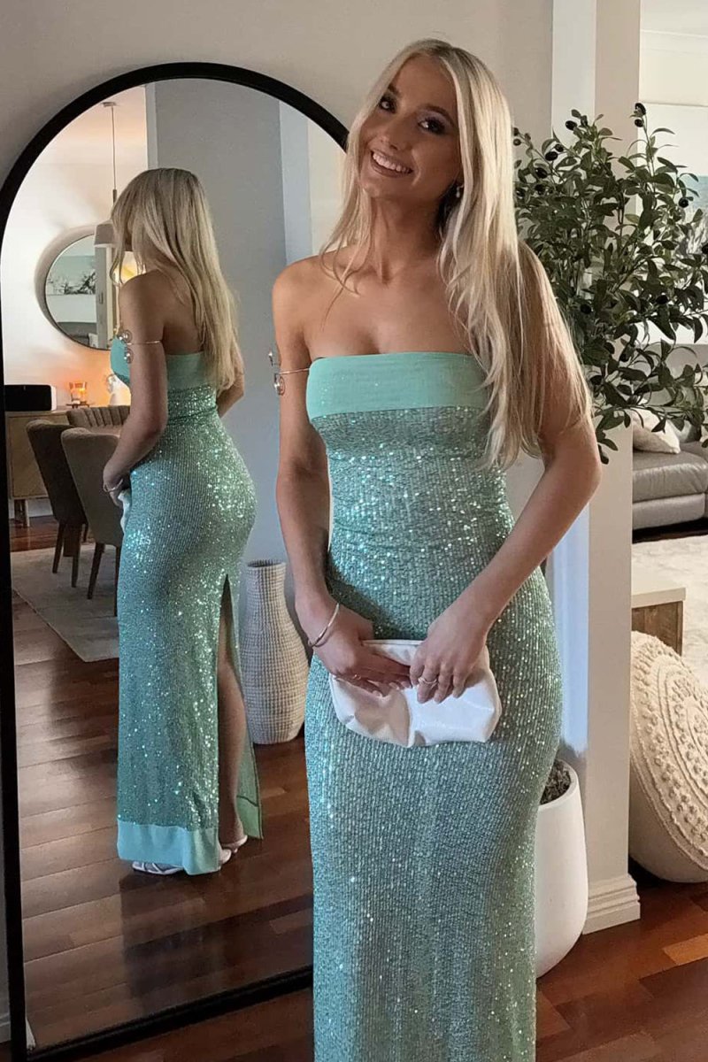 Sage Sheath Strapless Sequined Long Prom Dresses Evening Dresses, product image 9