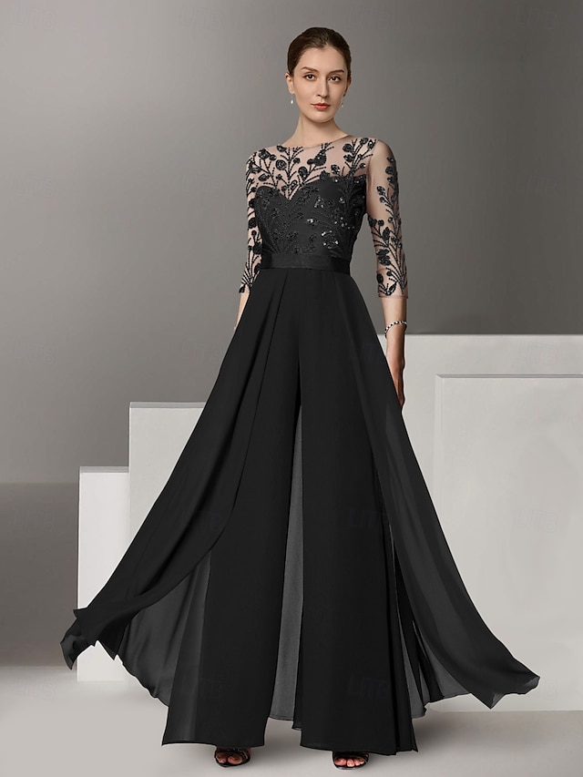 mother of the bride dresses floor length chiffon lace 3/4 length sleeve illusion neck elegant, supplier image 3