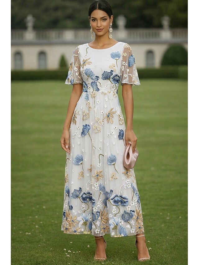 a-line ankle length mother of the bride dresses wedding guest dresses cocktail dresses short sleeve crew neck elegant casual chiffon tulle, supplier image 8