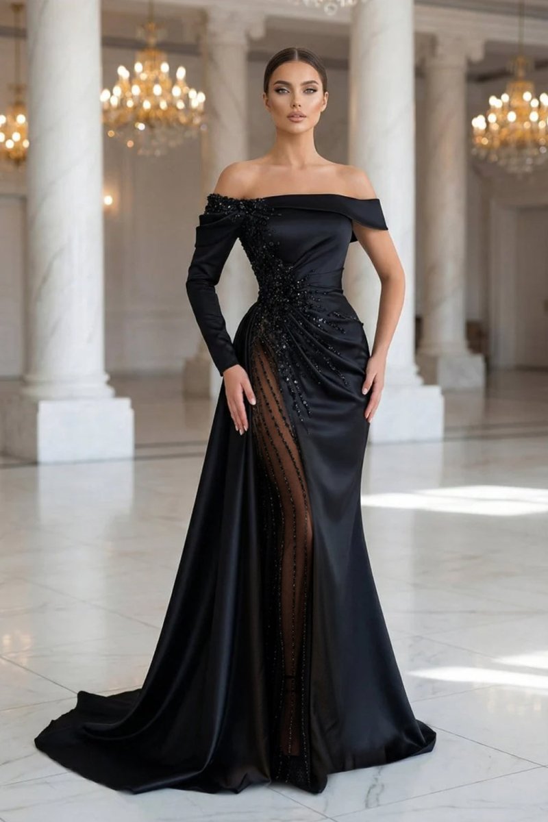 Sheath Off-The-Shoulder Long Sleeves Satin/Sequined Prom Dresses Evening Dresses in Black, US2