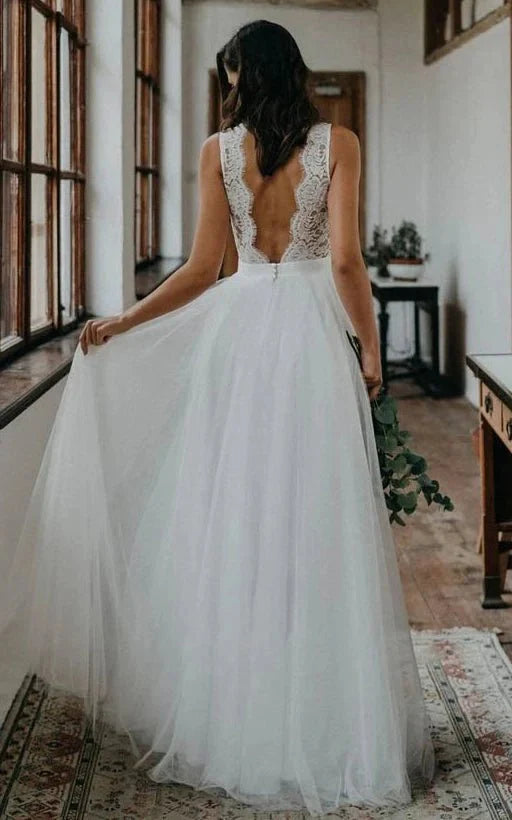 Rustic Boho Elegant A Line Tulle Lace V-neck Open Back Floor Length Sleeveless Wedding Dresses