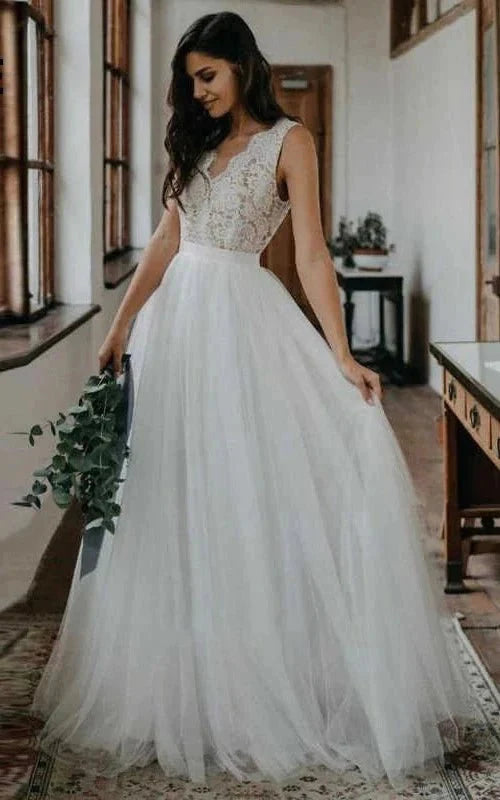 Rustic Boho Elegant A Line Tulle Lace V-neck Open Back Floor Length Sleeveless Wedding Dresses