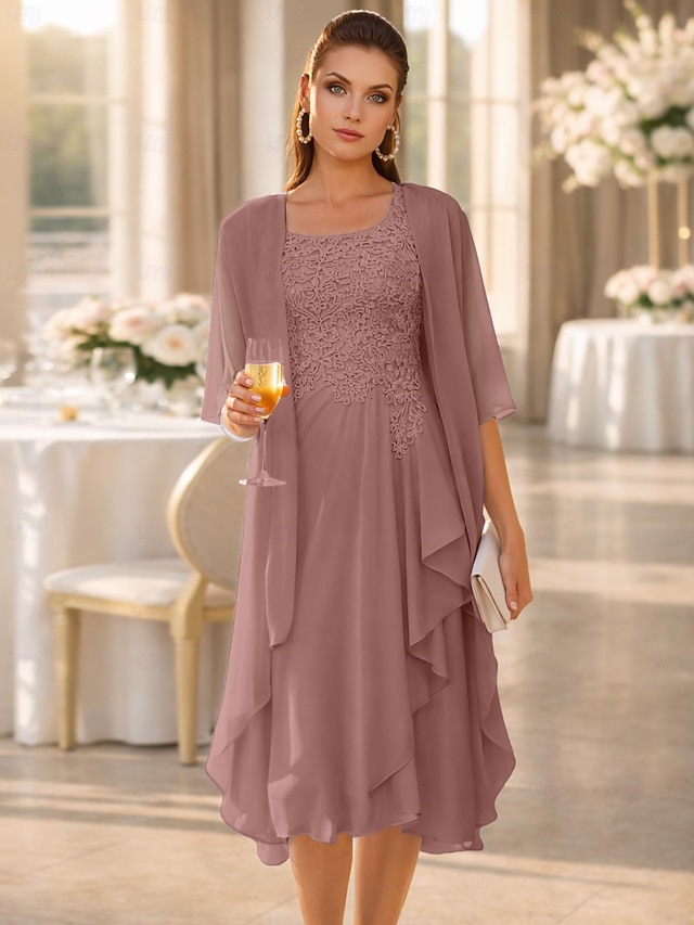 two piece a-line knee-length mother of the bride dress wedding guest dress sleeveless chiffon lace elegant, supplier image 22