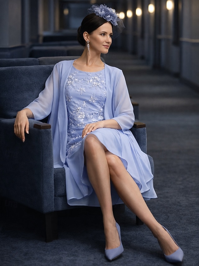 two piece sheath column tea length mother of the bride dresses wedding guest dresses sleeveless jewel neck elegant chiffon lace with appliques, supplier image 2