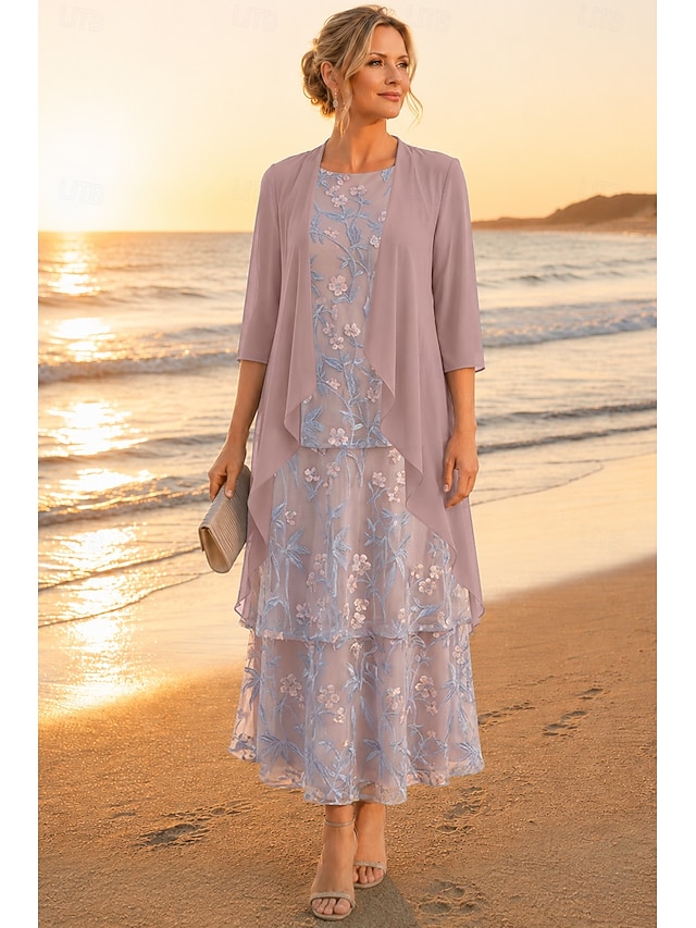 two piece a-line mother of the bride dresses wedding guest dresses ankle length chiffon lace elegant, supplier image 5