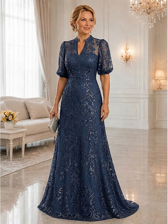 a-line floor length mother of the bride dresses short sleeve high neck v neck elegant luxurious sparkle & shine lace with beading, supplier image 6