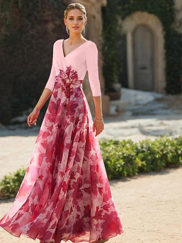 a-line floor-length mother of the bride dress wedding guest dress evening gown v-neck 3/4 sleeves chiffon elegant, supplier image 8
