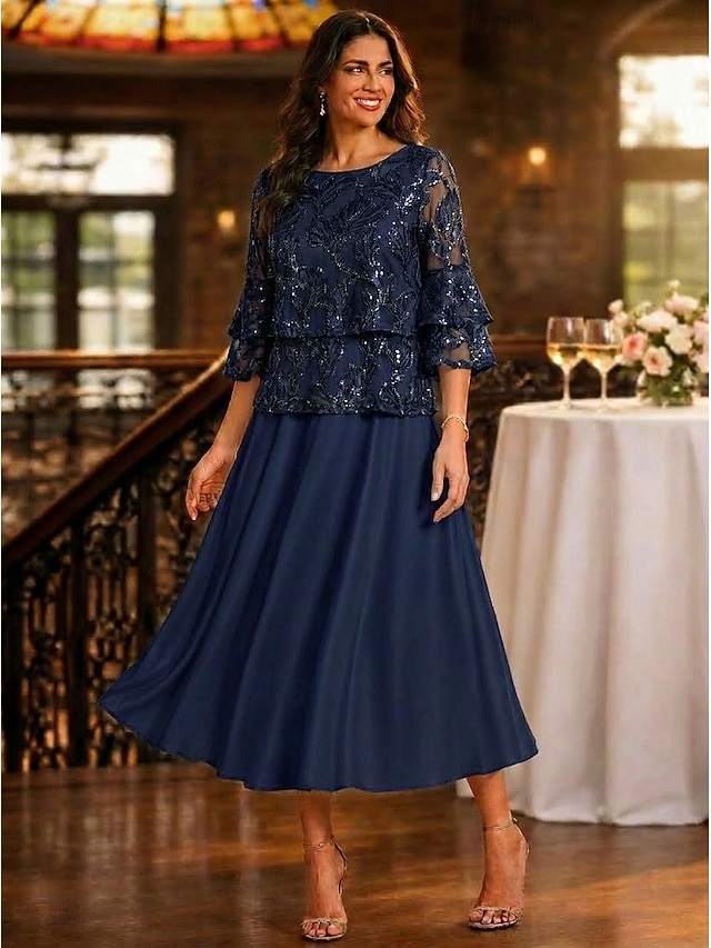 a-line mother of the bride dresses ankle length chiffon satin tulle with pleats 3/4 length sleeve, supplier image 1