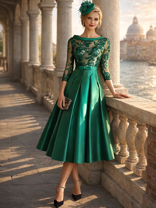 a-line ankle-length mother of the bride dress wedding guest dress cocktail dress formal dress jewel neck 3/4 sleeves satin elegant, supplier image 1