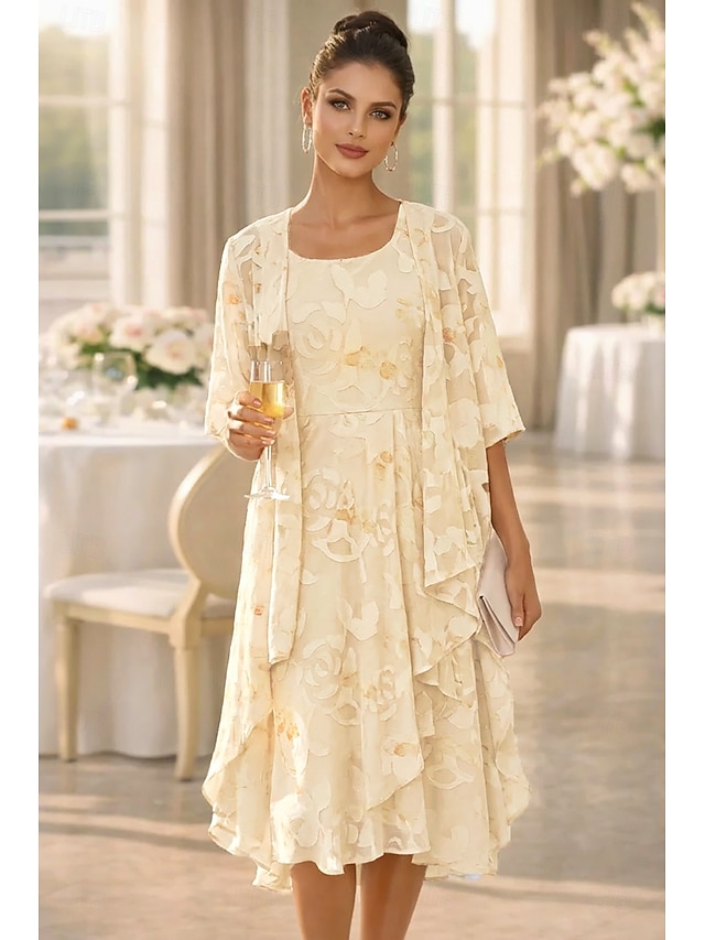 two piece a-line mother of the bride dresses wedding guest dresses tea length chiffon lace elegant, supplier image 2