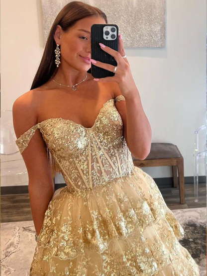 Dress A-line Off the Shoulder Sequined Lace Multi-Tiered Ruffles Prom Dress
