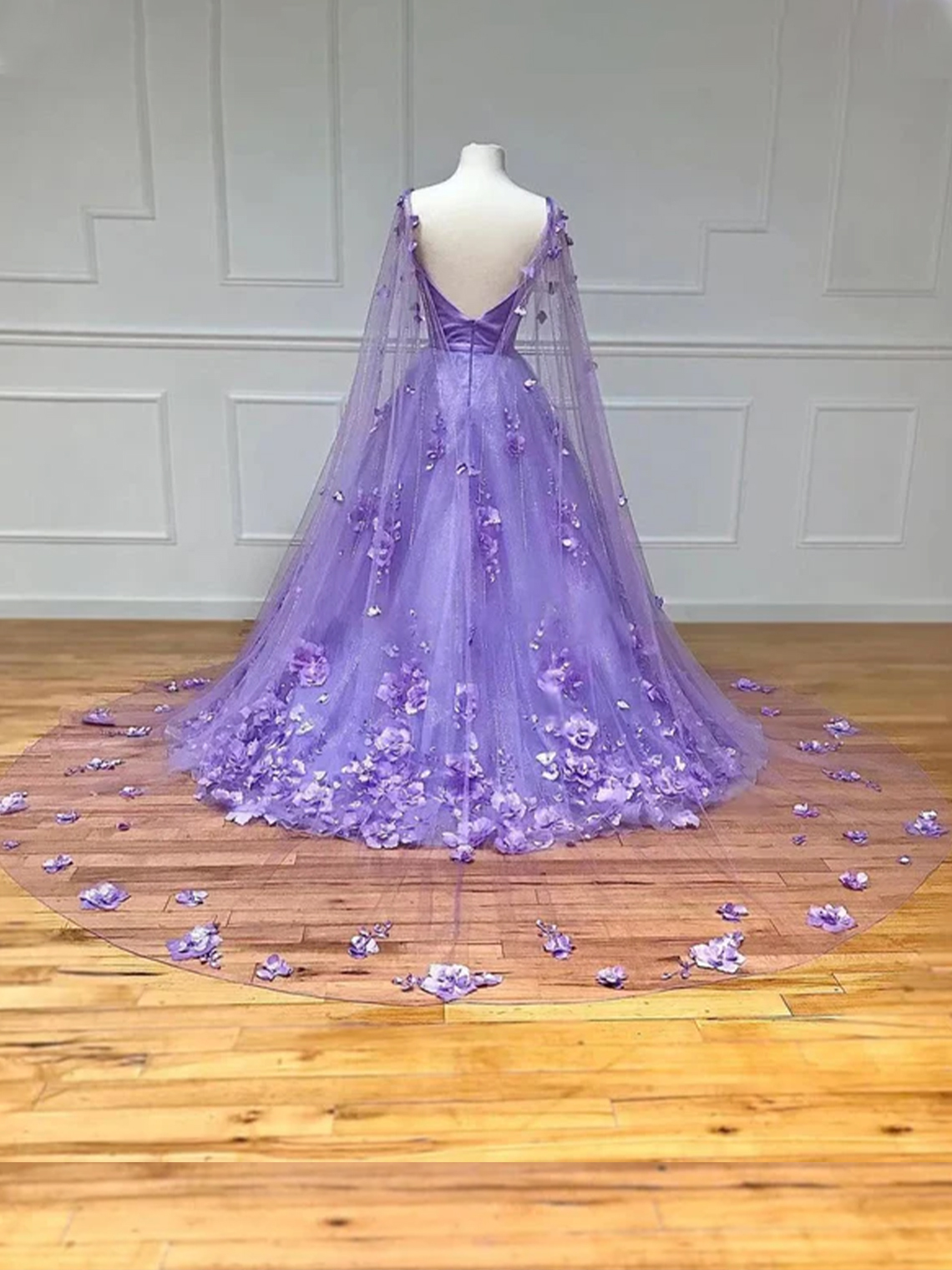 A-Line Tulle and 3D Floral Lace  with Cape Sleeves Prom Dress